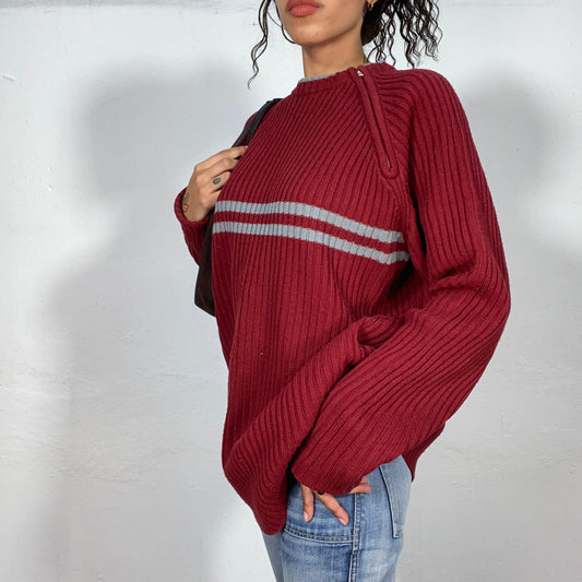 Vintage 90's Oversized Garnet Sweater with Grey Trim Detail and Shoulder Zipper (L)