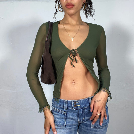 Vintage 2000's Olive Green Summer Bolero with Sheer Mesh Sleeves and Beaded Fringes (XS/S)