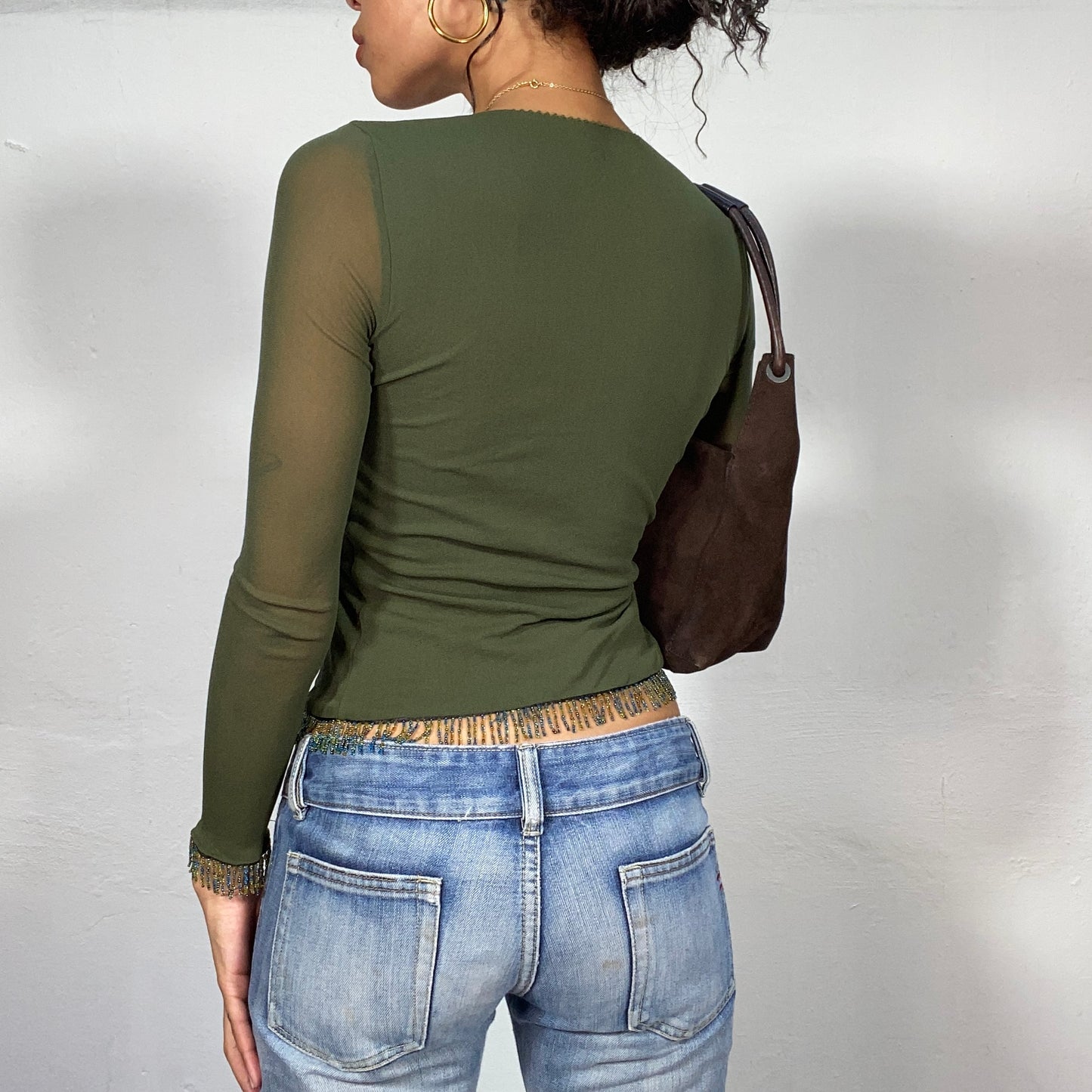 Vintage 2000's Olive Green Summer Bolero with Sheer Mesh Sleeves and Beaded Fringes (XS/S)