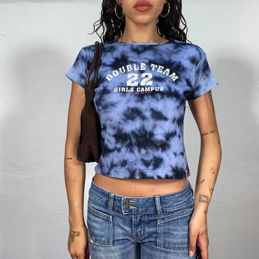 Vintage 2000's College Girl Blue Tie Dye Top with "Double Team 22" Print (S)
