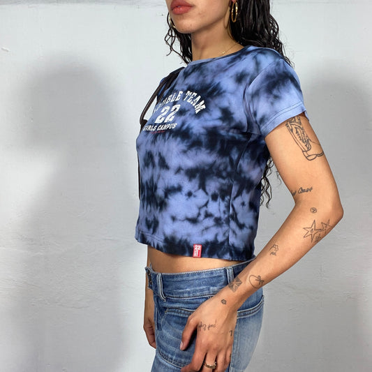 Vintage 2000's College Girl Blue Tie Dye Top with "Double Team 22" Print (S)