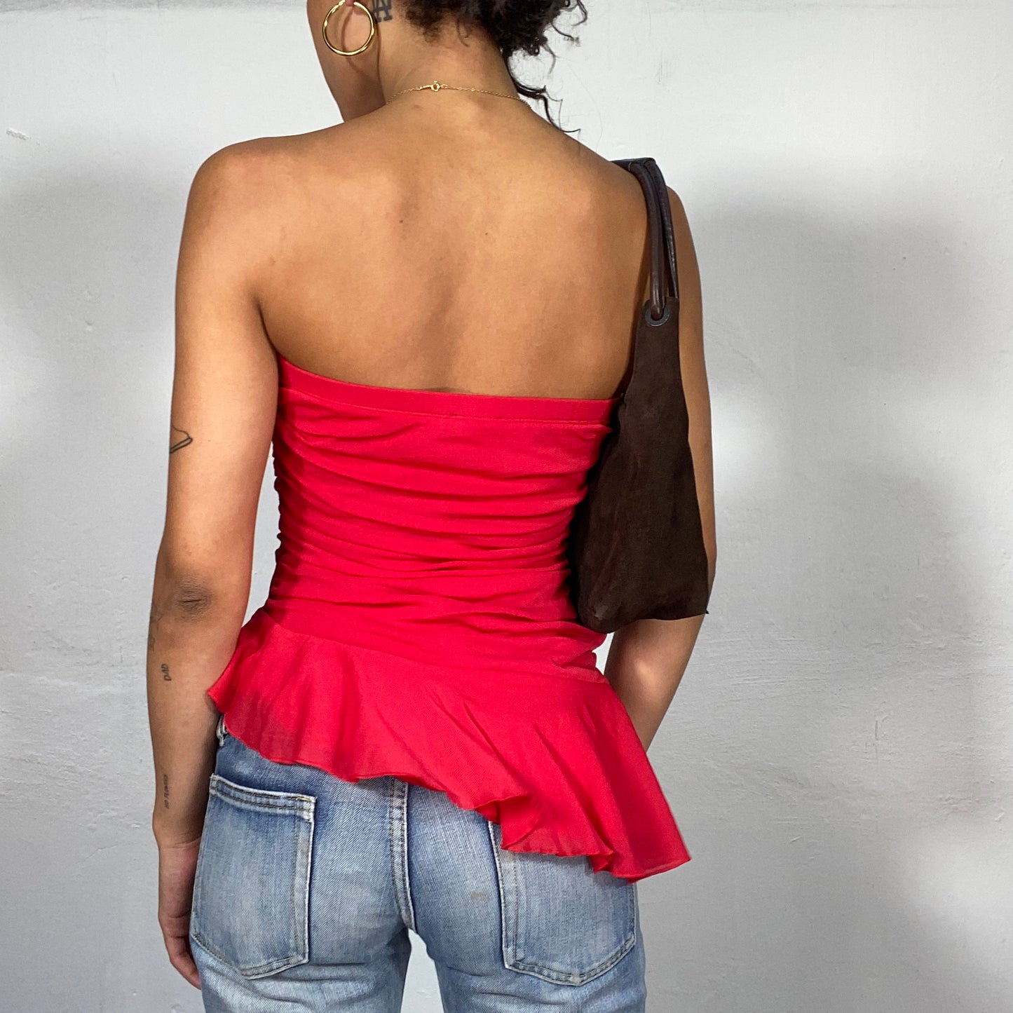 Vintage 90's Red Asymmetric Strapless Top with Chic Volant Detail (S)