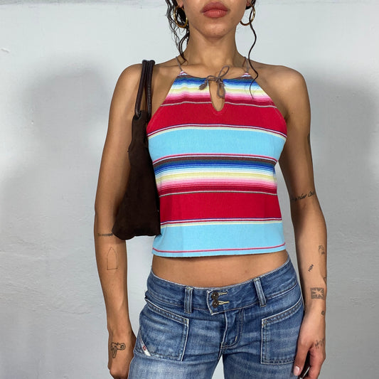 Vintage 2000's Summer Striped Halter Neck Top with a Keyhole Tie Detail (S)