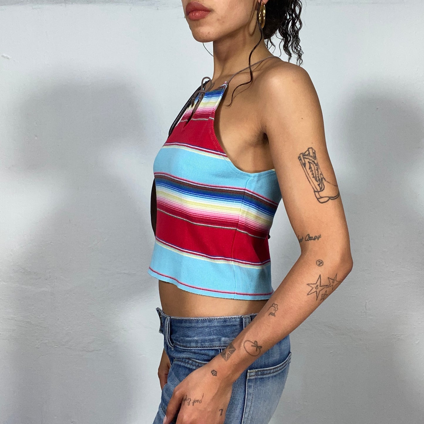 Vintage 2000's Summer Striped Halter Neck Top with a Keyhole Tie Detail (S)
