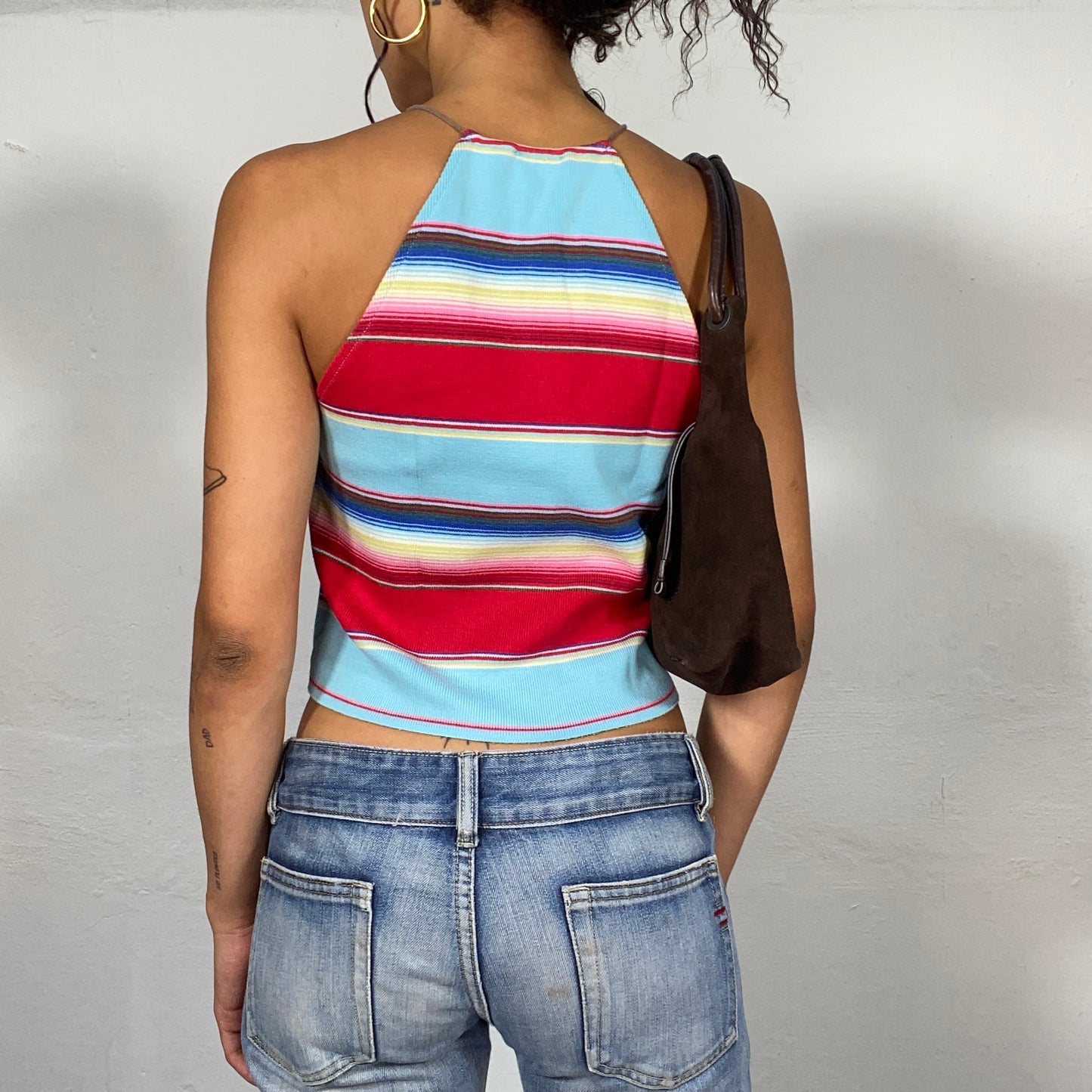 Vintage 2000's Summer Striped Halter Neck Top with a Keyhole Tie Detail (S)