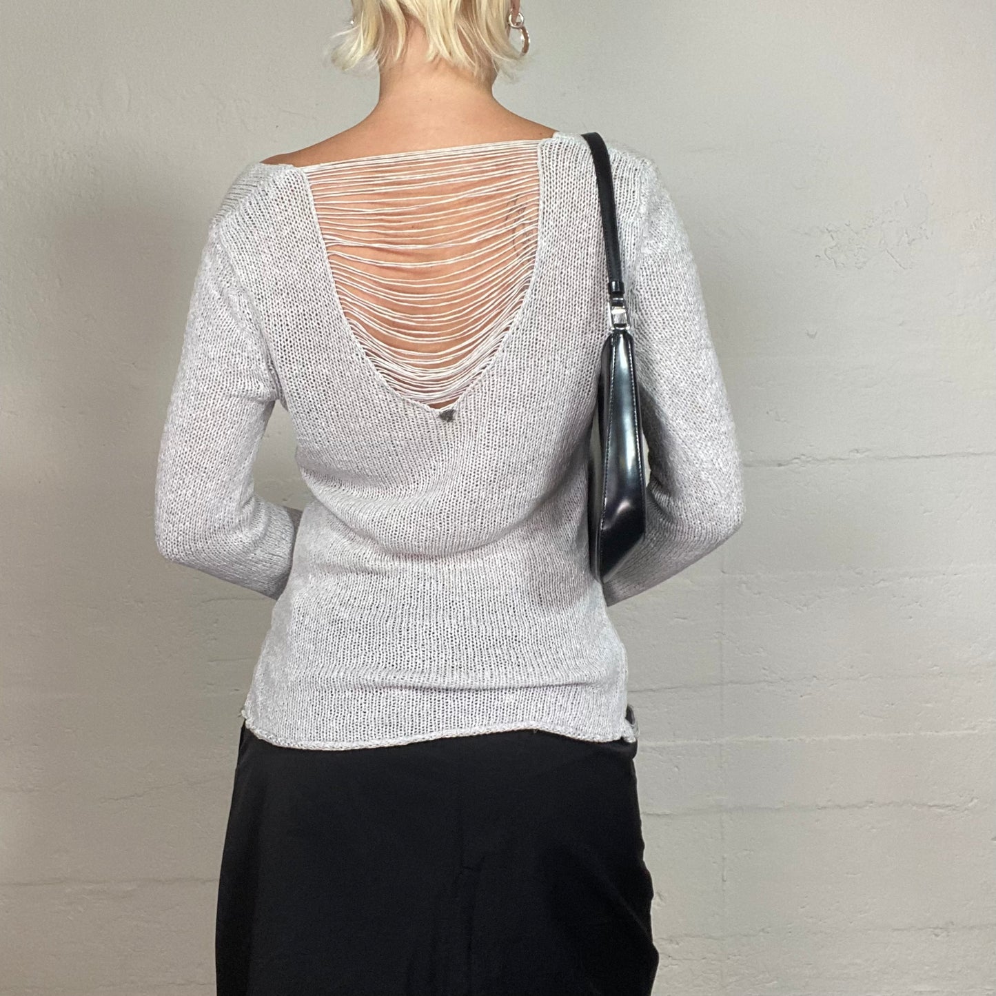 Vintage 2000's Grunge Grey Knitted Pullover with Open Back with Web Detail (S/M)