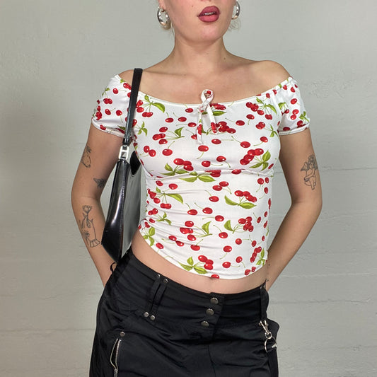 Vintage 2000's Pin Up Style White Off Shoulder Top with Red Cherry Print (S)