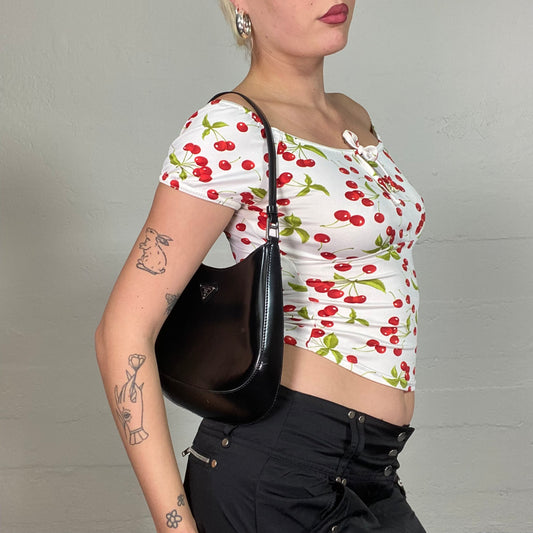 Vintage 2000's Pin Up Style White Off Shoulder Top with Red Cherry Print (S)