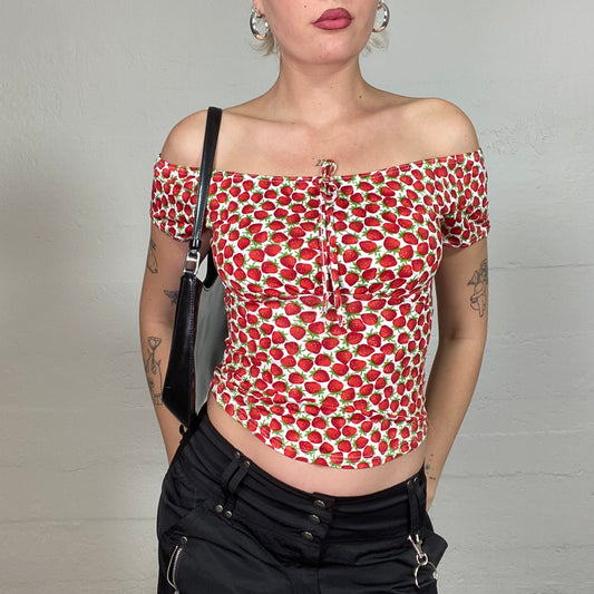 Vintage 2000's Pin Up Style White Off Shoulder Top with Red Strawberries Print (S)