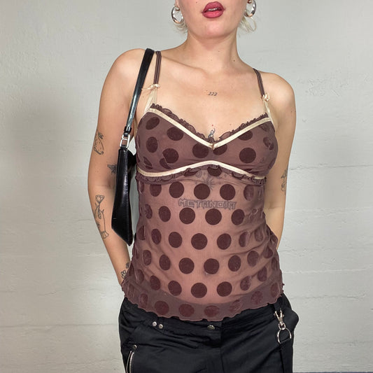 Vintage 2000's Romantic Brown Mesh Cami Top with Big Dots Print (S)