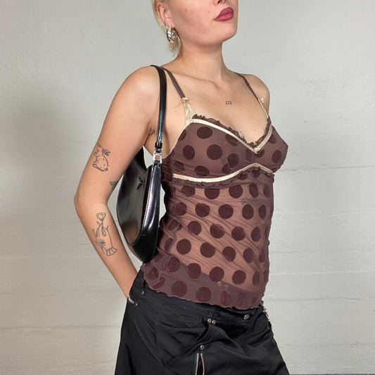 Vintage 2000's Romantic Brown Mesh Cami Top with Big Dots Print (S)