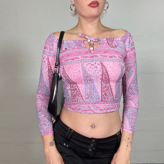 Vintage 2000's Cute Pink Longsleeve Top with Floral and Mosaic Print (XS)