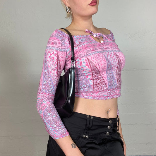 Vintage 2000's Cute Pink Longsleeve Top with Floral and Mosaic Print (XS)