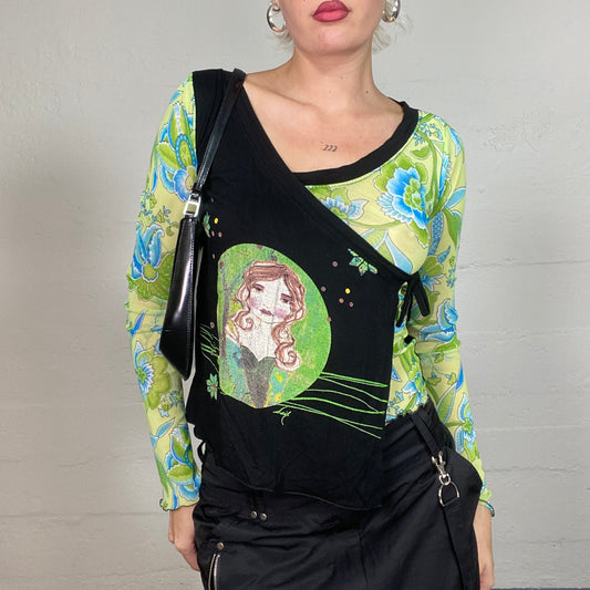 Vintage 2000's Funky Green and Black Longsleeve Wrapped Top with Floral and Girl Portrait Print (S)