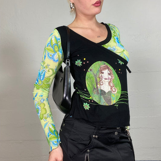 Vintage 2000's Funky Green and Black Longsleeve Wrapped Top with Floral and Girl Portrait Print (S)