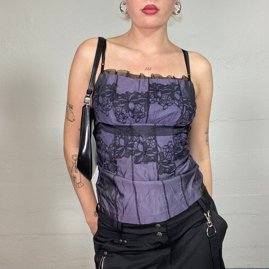 Vintage 90's Witchy Deep Purple Top with Black Floral Beads Embroidery Detail (S)