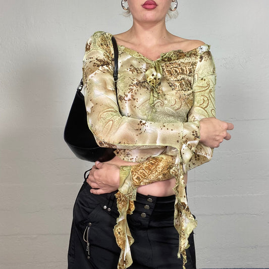 Vintage 2000's Boho Brown Frilled Longsleeve Top with Paisley Print (S)
