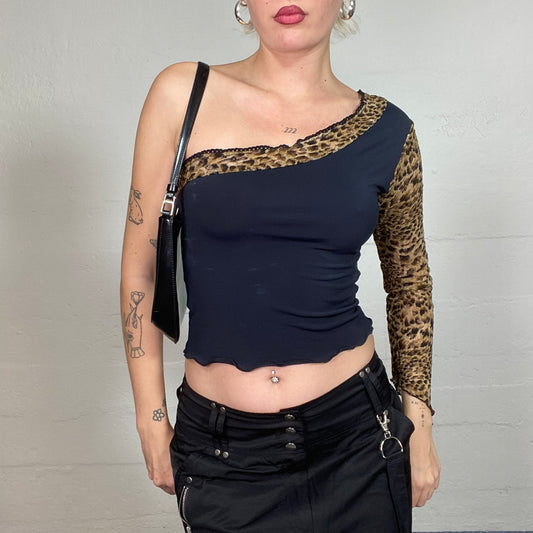 Vintage 2000's Rave Black One Shoulder Top with Leopard Print Trim and Longsleeve Detail (S)