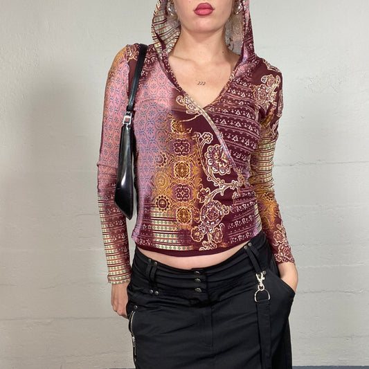 Vintage 2000's Hippie Girl Purple Longsleeve Top with Ethnic Print and Hood Detail (S/M)