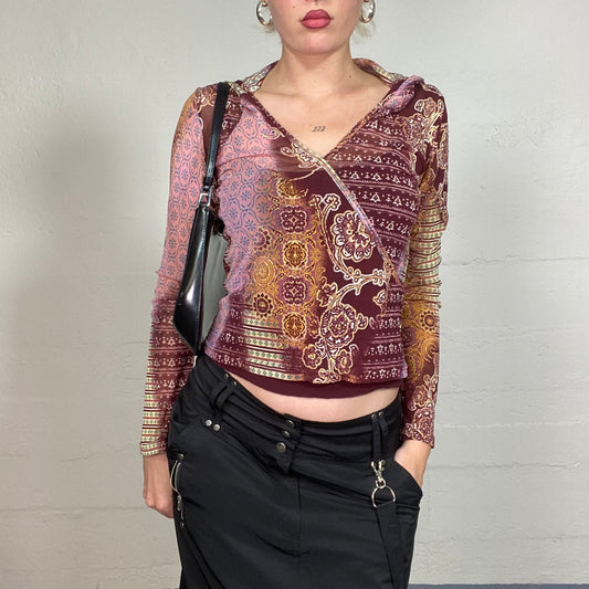 Vintage 2000's Hippie Girl Purple Longsleeve Top with Ethnic Print and Hood Detail (S/M)