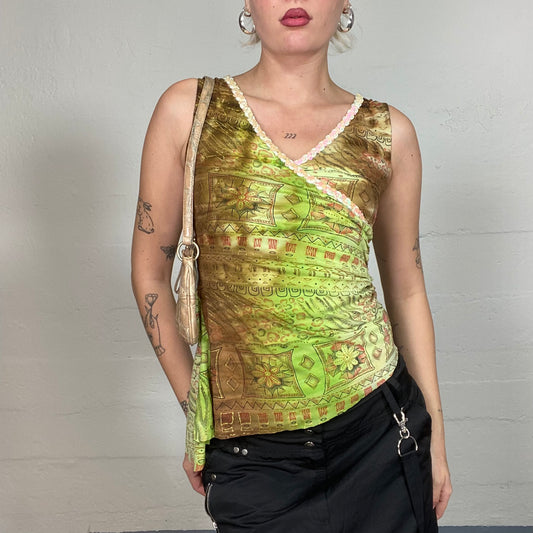 Vintage 2000's Hippie Girl Green Top with Ethnic Print and Side Volant (S)