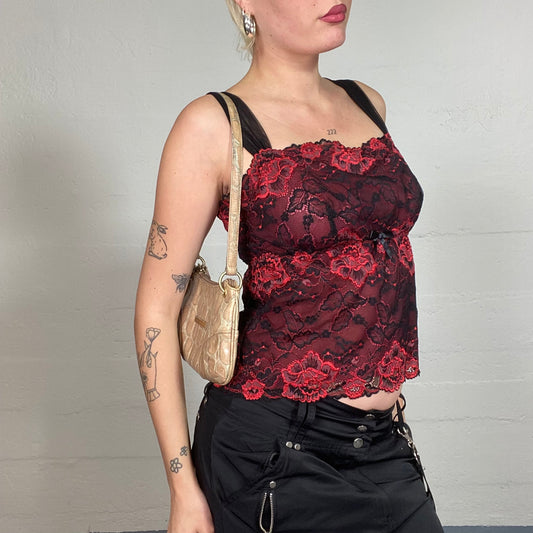 Vintage 90's Vampy Red Top with Mesh Floral Embroidery Material and Ribbon Detail (S)