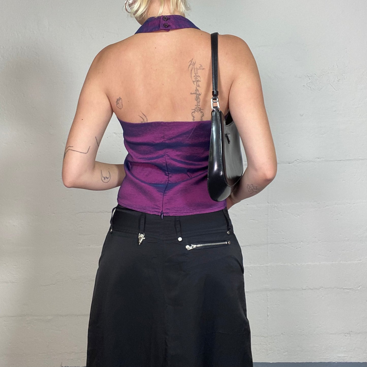 Vintage 90's Clubwear Burgundy Open Back Top with Itidescent Material Detail (S)