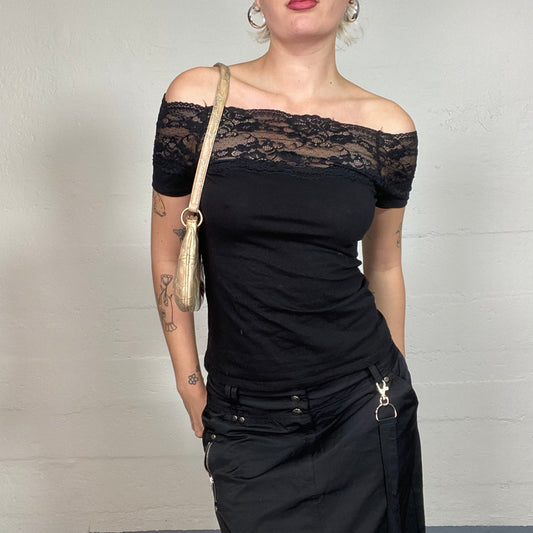 Vintage 90's Whimsigoth Black Off Shoulder Top with Mesh Lace Neck Trim Detail (S)