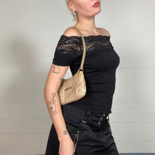 Vintage 90's Whimsigoth Black Off Shoulder Top with Mesh Lace Neck Trim Detail (S)