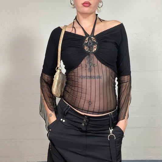 Vintage 90's Whimsigoth Black Longsleeve Top with Mesh Parts and Crochet Decorative Neck Detail (S)