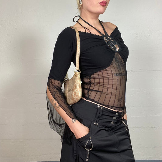 Vintage 90's Whimsigoth Black Longsleeve Top with Mesh Parts and Crochet Decorative Neck Detail (S)