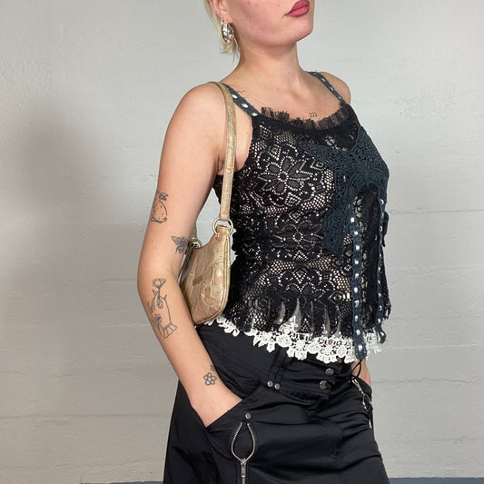 Vintage 90's Whimsigoth Black Layered Top with White Crochet and Floral Embroidery Detail (S)