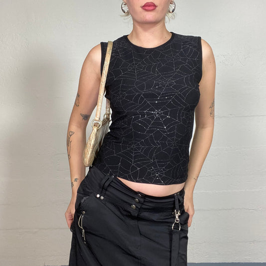 Vintage 90's Witchy Black Top with Silver Glitter Web Print (XS)
