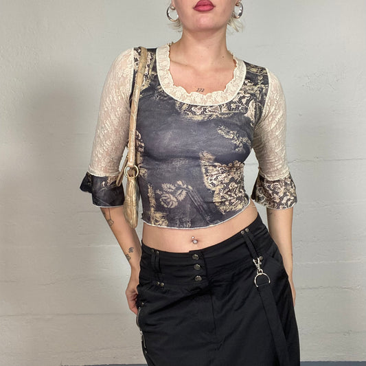 Vintage 2000's Coquette Black Lace Longsleeve Top with Lace Trim and Rose Print (S)