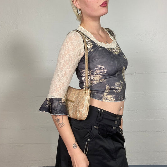 Vintage 2000's Coquette Black Lace Longsleeve Top with Lace Trim and Rose Print (S)