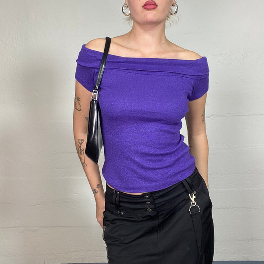 Vintage 90's Clubwear Mauve Off Shoulder Top with Knitted Material Detail (S)