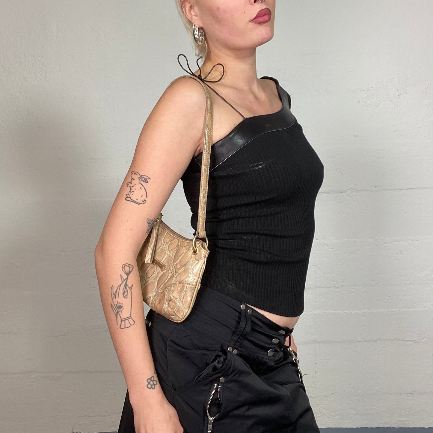 Vintage 90's Clubwear Black One Shoulder Top with Leather Neck Trim Detail (S)