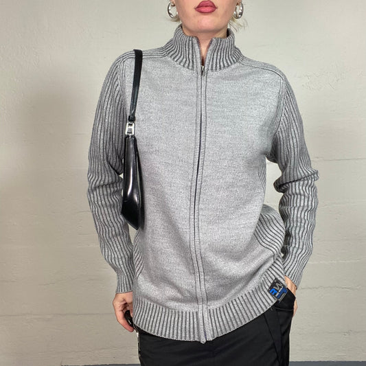 Vintage 90's Classic Fair Grey Knitted Zip Up Pullover with Ribbed Sleeves (M)