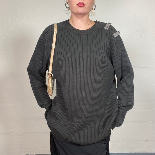 Vintage 90's Joey Tribbiani Khaki Knit Jumper with Side Zip Up Detail (L)