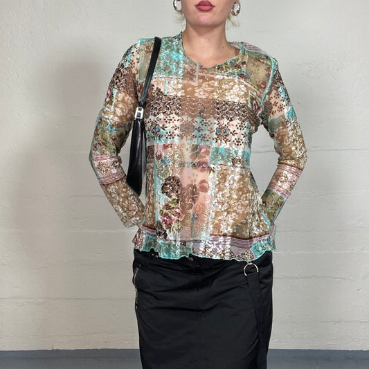 Vintage 90's Boho-Girl Blue Mesh Longsleeve Top with Patched Floral Print (M)
