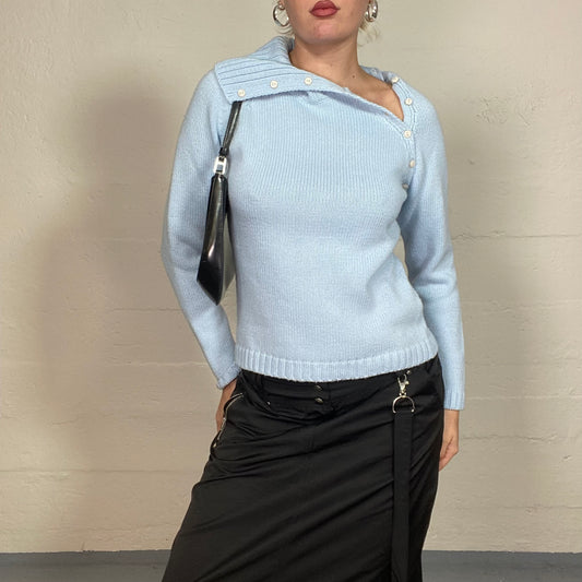 Vintage 90's Classic Baby Blue Knitted Rib Stitch Pullover with Asymmetric Side Button Up Detail (S/M)