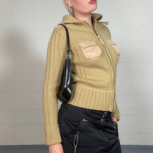 Vintage 90's Streetwear Camel Brown Cargo Knitted Rib Stitch Zip Up Pullover with Pocket Detail (S/M)