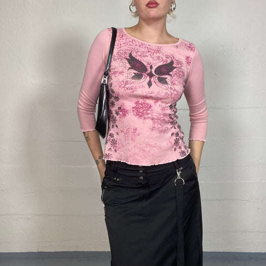 Vintage 2000's Cute Pink Longsleeve Top with Butterfly and Floral Print (S)