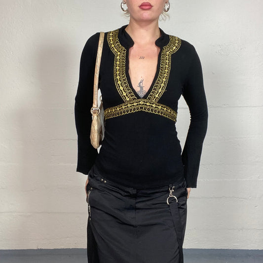 Vintage 2000's Indie Black Longsleeve Open Neck Top with Gold Decorative Embroidery Detail (S)