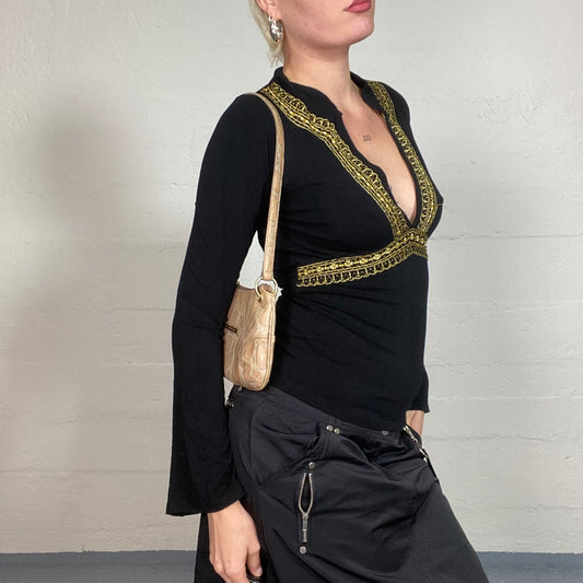Vintage 2000's Indie Black Longsleeve Open Neck Top with Gold Decorative Embroidery Detail (S)