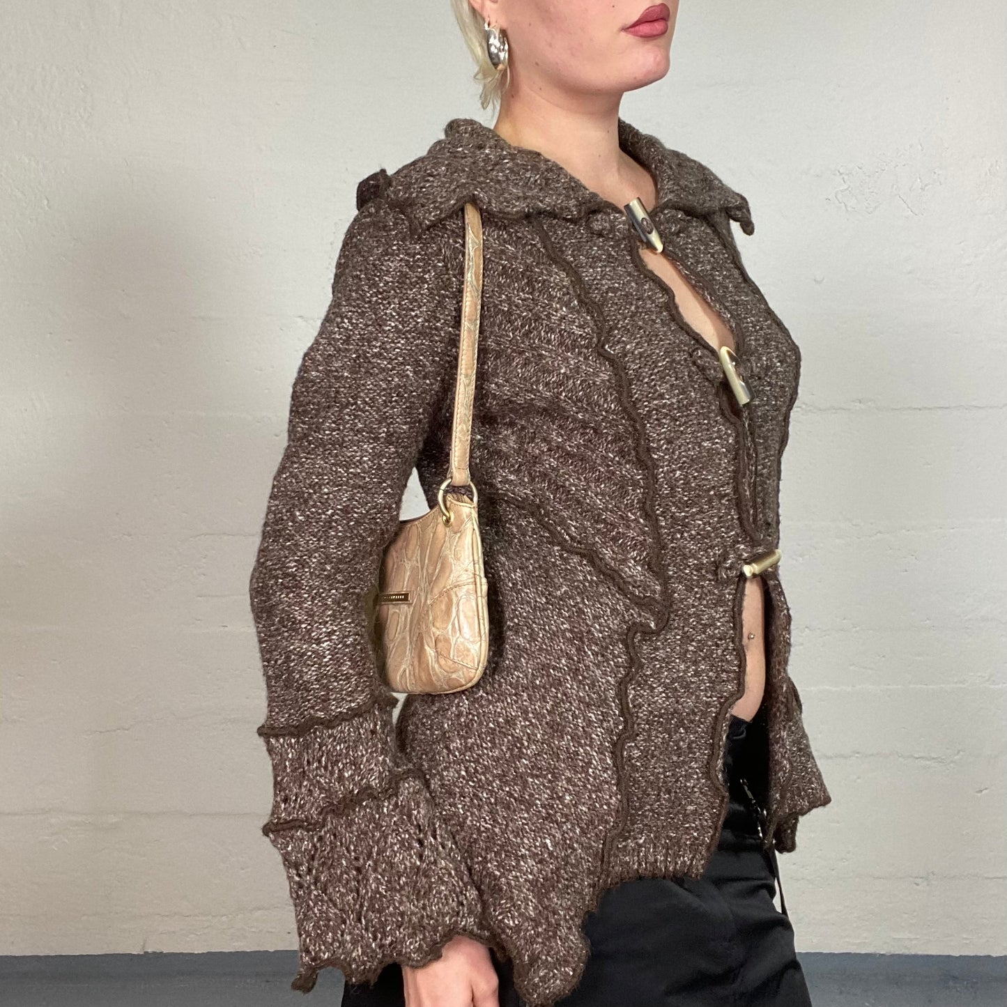 Vintage 90's Fairy Brown Knitted Deconstructed Cardigan with Visible Stitch Detail (S/M)