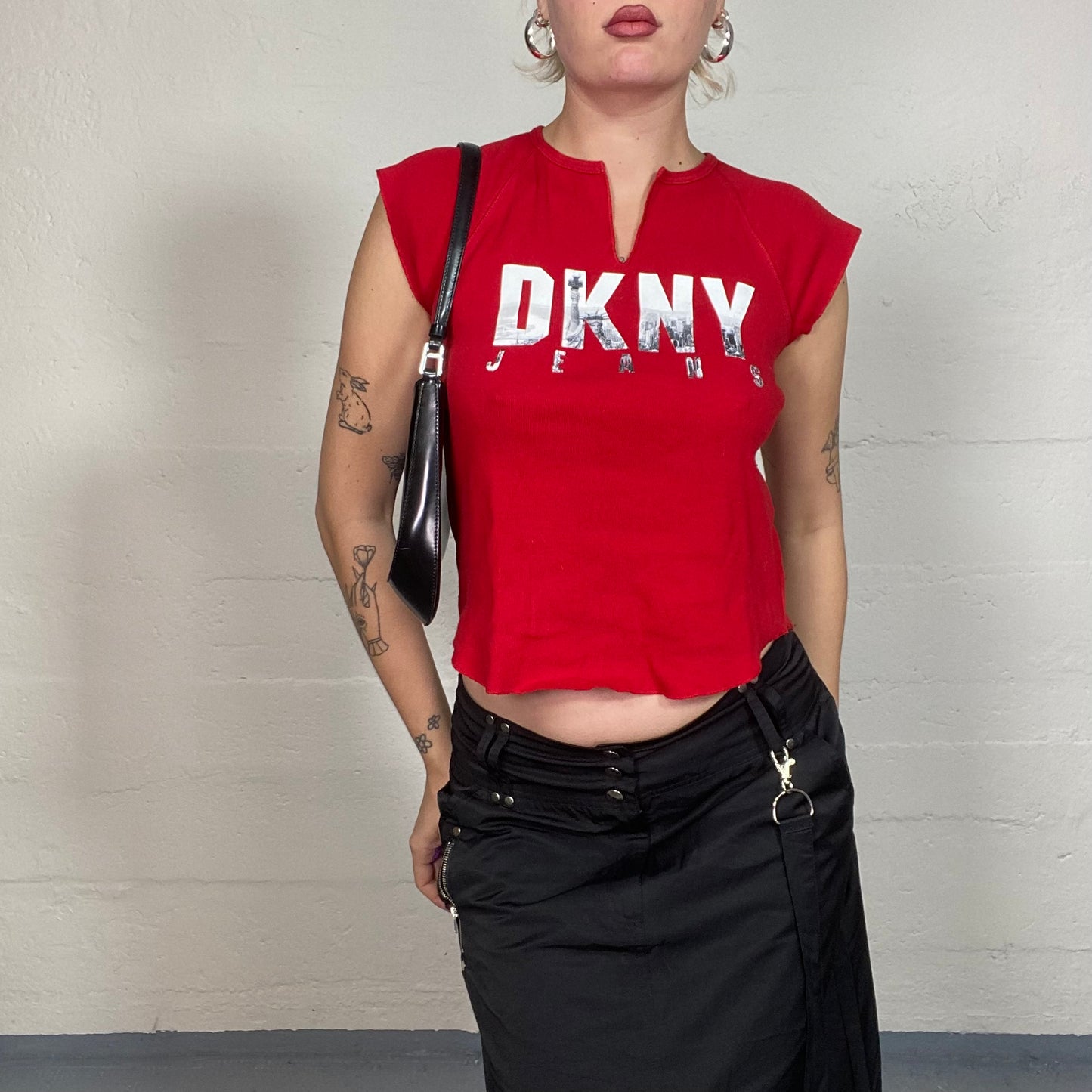 Vintage 90's Donna Karan Archive Red Top with Logo Brand Print with NY Skyline Detail (S)