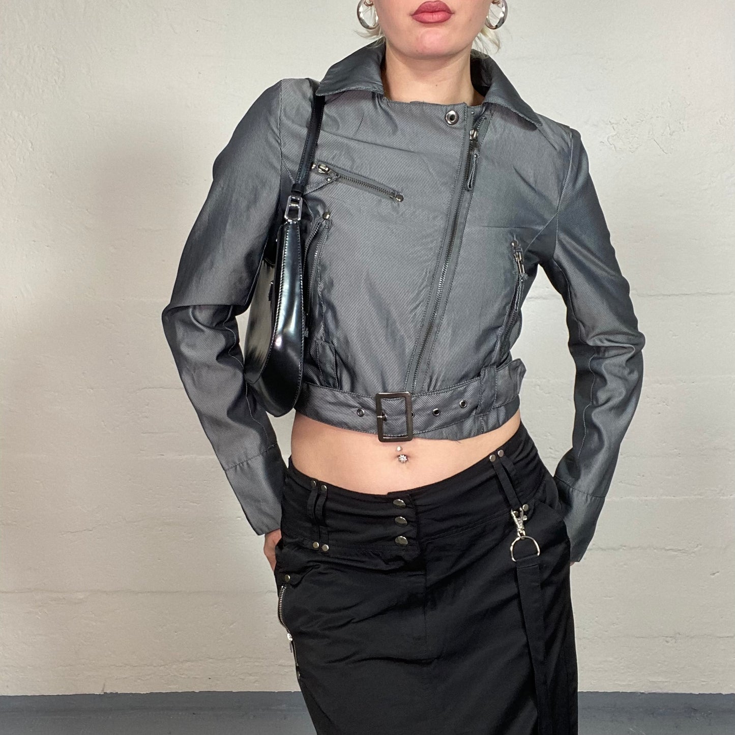 Vintage 90's Techwear Grey Short Biker Jacket with Silver Buckle and Zips Detail (S)