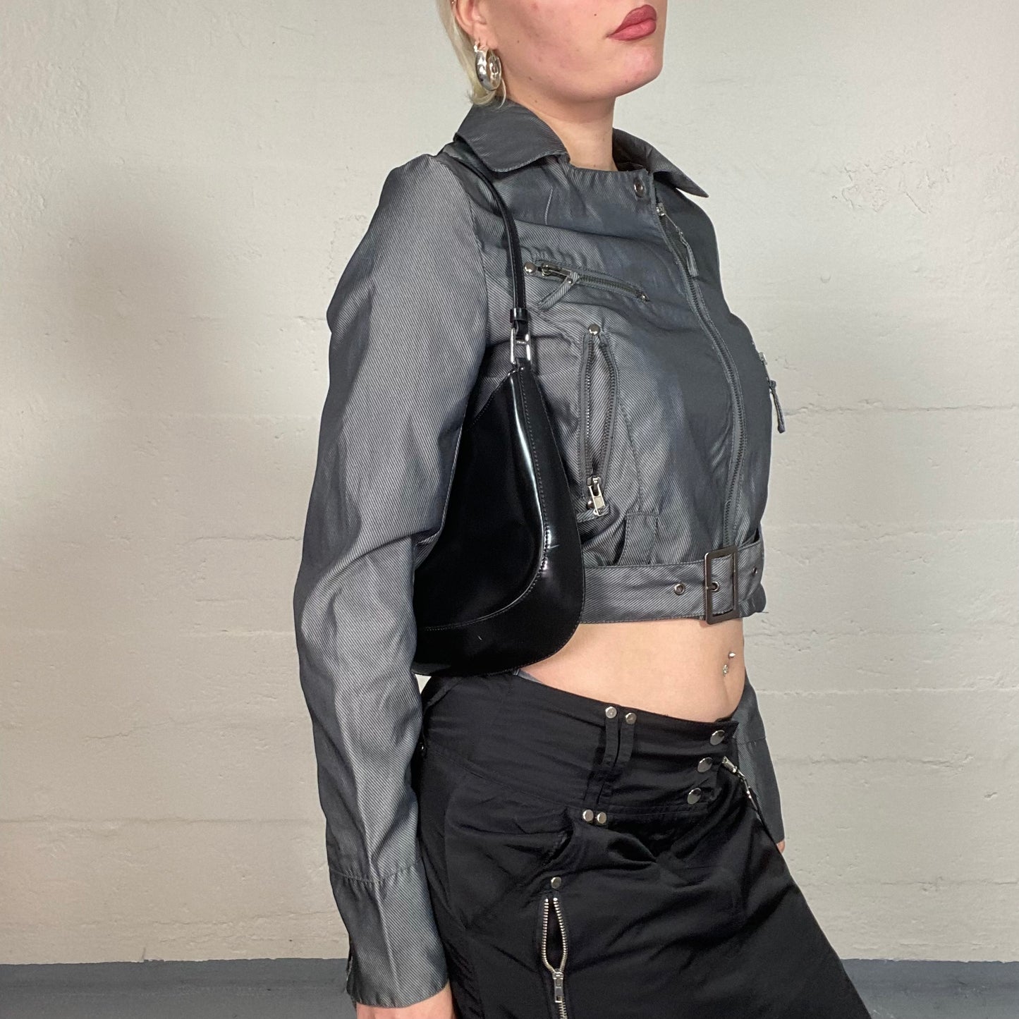 Vintage 90's Techwear Grey Short Biker Jacket with Silver Buckle and Zips Detail (S)