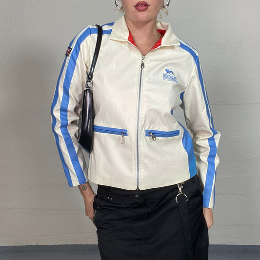 Vintage 2000's Londsdale Sporty White Faux Leather Short Biker Jacket with Blue Trims and Zips Detail (S/M)